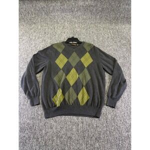 Sebastian Cooper Sweater Mens XXL Gray Green Argyle 100% Cotton V-Neck Knit